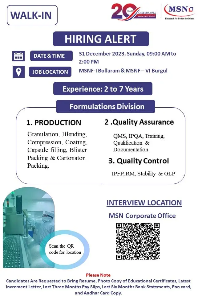 MSN LABS - Walk-In Interview for Production, QA, QC on 31st Dec 2023